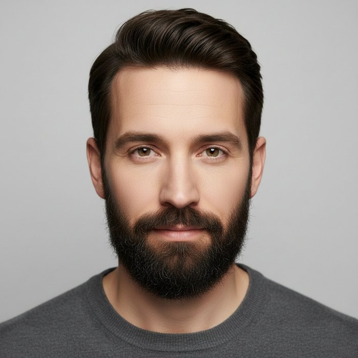 тот же портрет мужчины в том же освещении, но с реалистичной густой темной бородой, естественная текстура волос, фотореализм, 4K