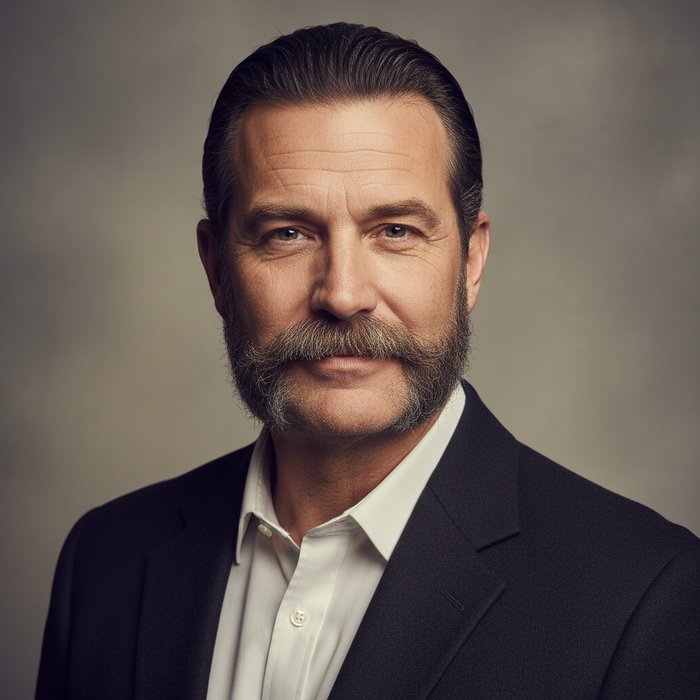 портрет мужчины в нейтральном освещении, с аккуратными усами и бакенбардами, фотореализм, высокая детализация, 4K