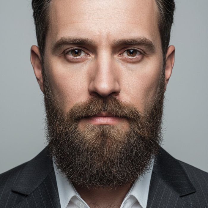 портрет мужчины в нейтральном освещении, с идеально подогнанной бородой, фотореализм, высокая детализация, 4K
