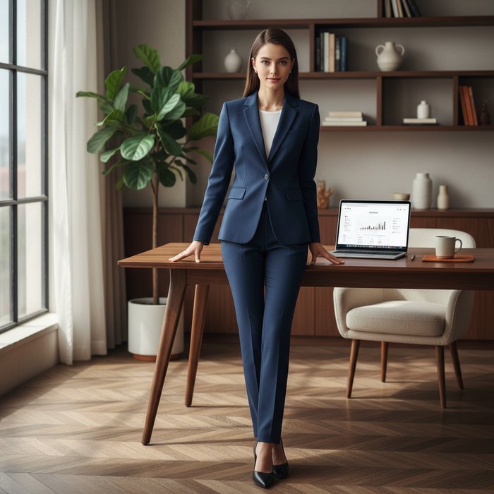 Стильный рекламный кадр с ноутбуком на столе, в кадре стоит девушка в деловом костюме, естественное освещение из окна, детали мебели, фотореализм, 4K