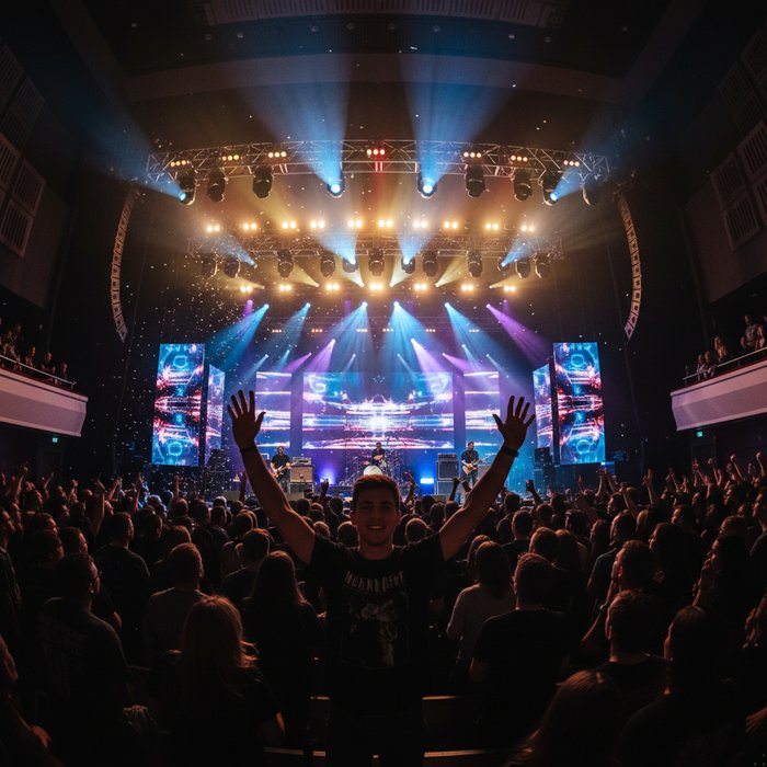 Концертный зал с ярким сценическим светом, на переднем плане стоит молодой человек в футболке, вокруг него зрители, детали сцены, фотореализм, 4K