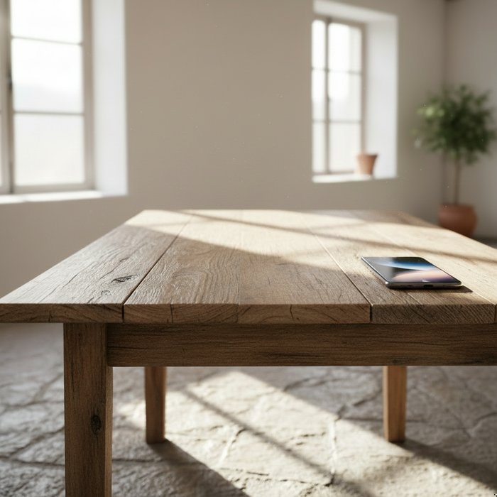 Фотография того же деревянного стола, на котором размещён современный смартфон, естественное освещение, высокая детализация, 4K, фотореализм