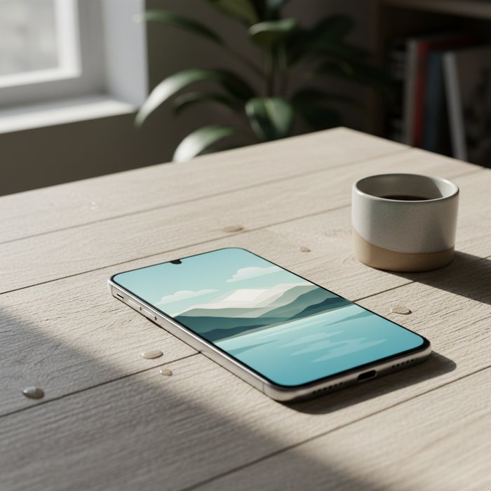 Фотореалистичное изображение современного смартфона, размещённого на деревянном столе в естественном дневном свете, высокая детализация, 4K, профессиональная цветопередача