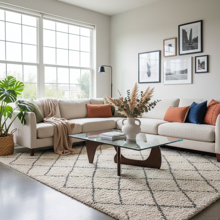 Фотореалистичное изображение уютной гостиной с современным стеклянным столом, на котором стоит стильный керамический ваза, естественное освещение, высокая детализация, 4K