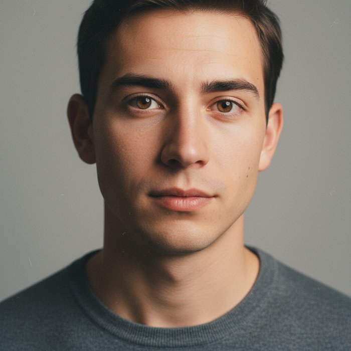 портрет молодого человека в студийном освещении, нейтральный фон, фотореализм, высокое разрешение, после наложения мягкой зернистости, имитирующей старую пленку, детали кожи видны, естественная цветопередача