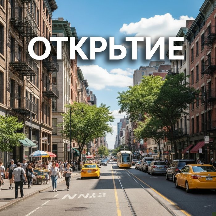 Тот же городской улицы, но с яркой белой надписью «Открытие» в верхней части, шрифт современный, тень, без водяных знаков, фотореализм, 4K.