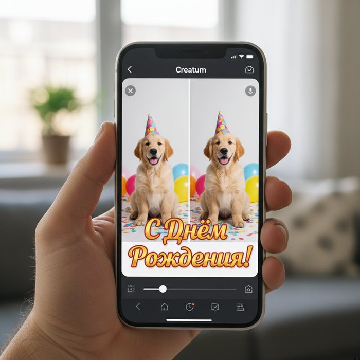 Фотореалистичное изображение смартфона с открытым приложением Креатум, на экране видно оригинальное фото без текста слева и то же фото с яркой надписью «С Днём Рождения!» справа, естественное освещение, детали 4K.