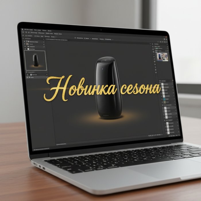 Фотореалистичное изображение ноутбука, на экране показано редактирование текста на фото: оригинальное изображение продукта, к нему наложена стилизованная надпись «Новинка сезона» с золотой обводкой и лёгкой тенью, детали 4K.
