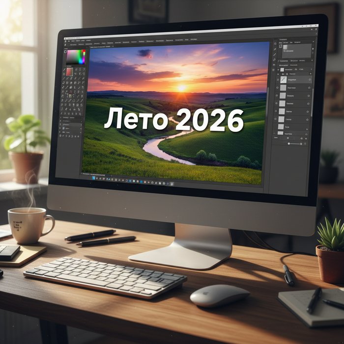 Фотореалистичное изображение рабочего стола, на экране виден процесс добавления текста к фото: фото пейзажа с наложенной надписью «Лето 2026» в современном шрифте, яркие цвета, естественное освещение, детали 4K.