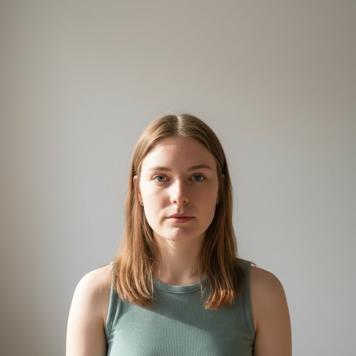 Обработанное фото, лицо центрировано, фон заменён на светло‑серый, освещение ровное, резкость повышена, соответствует требованиям к фото для документов, 4K, фотореализм