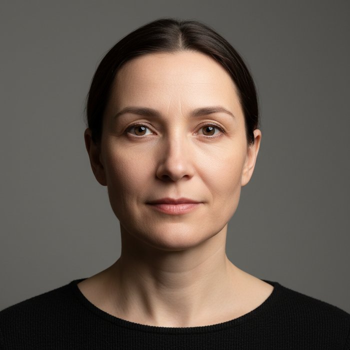 Портрет взрослого человека, лицо освещено мягким равномерным светом, фон однотонный, детали кожи чёткие, высокое качество, фотореализм, 4K