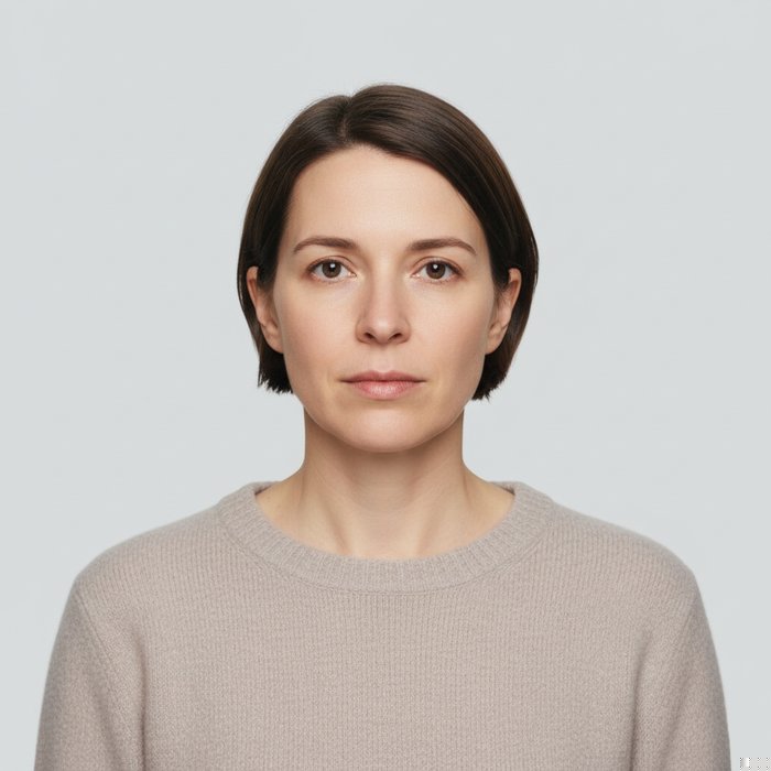 Отредактированное паспортное фото с нейтральным светлым фоном, лицо в центре, ровное освещение, без теней, правильные пропорции головы, 4K