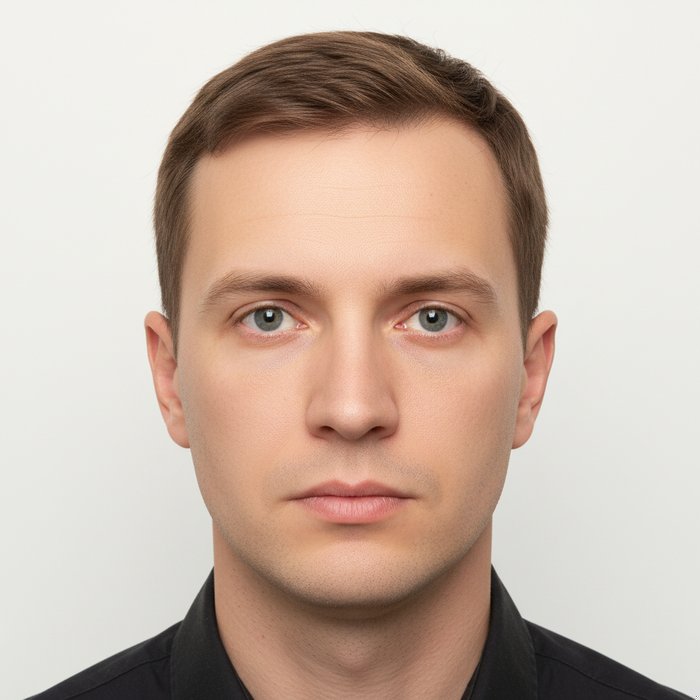 Фотореалистичное паспортное фото с нейтральным светлым фоном, лицо в центре, ровное мягкое освещение, без теней, высокая детализация, 4K