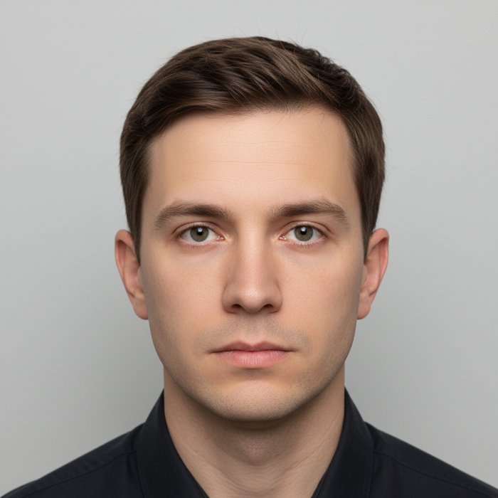 Паспортное фото с правильно пропорциональной головой, центрированным в кадре, без лишних отступов, чёткие детали, 4K