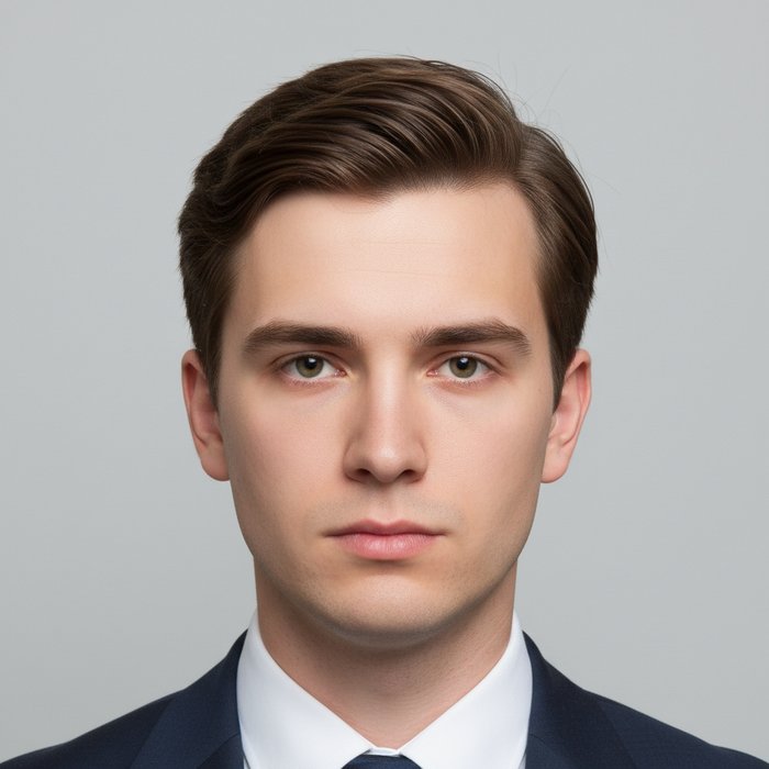 Паспортное фото без очков, шляпы и аксессуаров, лицо чистое, волосы аккуратно уложены, естественная цветопередача, 4K