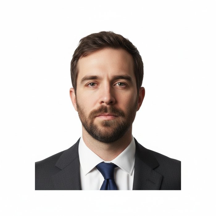 портрет мужчины без бороды, в нейтральной официальной одежде, с ровным светом, чистый белый фон, лицо центрировано, размер соответствует 35 × 45 мм, высокая детализация, фотореализм, 4K