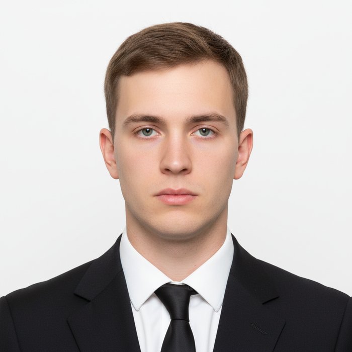 портрет молодого мужчины в официальной одежде, лицо без бороды, нейтральный белый фон, ровное освещение, фото соответствует требованиям военного билета, высокая детализация, 4K