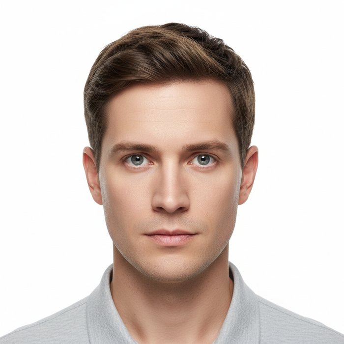 портрет мужчины с ровным светом, без теней, чистый белый фон, лицо в центре кадра, глаза открыты, высокая резкость, фотореализм, 4K