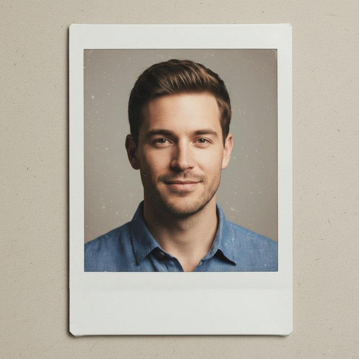 Тот же портретный снимок, помещённый в классическую полароидную рамку с белой границей и слегка выцветшим цветом, естественное освещение, высокая детализация, фотореализм, 4K