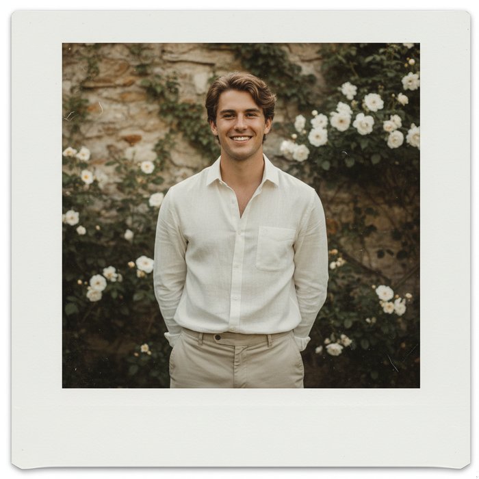 Портрет молодого человека в светлой одежде, помещённый в классическую белую полароидную рамку, естественное дневное освещение, высокая детализация, фотореализм, 4K