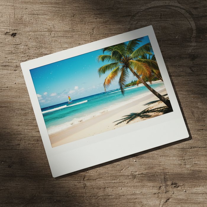 Полароидное фото, лежащее на деревянном столе, с лёгкой тенью, яркие цвета, фотореализм, 4K