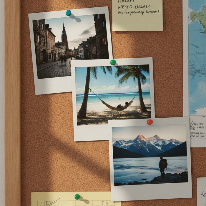 Три полароидных снимка, расположенных на пробковой доске, каждый показывает разный момент путешествия, естественное освещение, высокая детализация, фотореализм, 4K