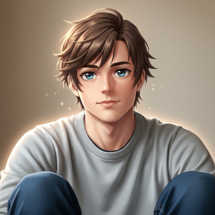 аниме‑портрет того же молодого человека, яркие глаза, стилизованные волосы, мягкое световое окружение, яркие, но естественные цвета, 4K, фотореализм