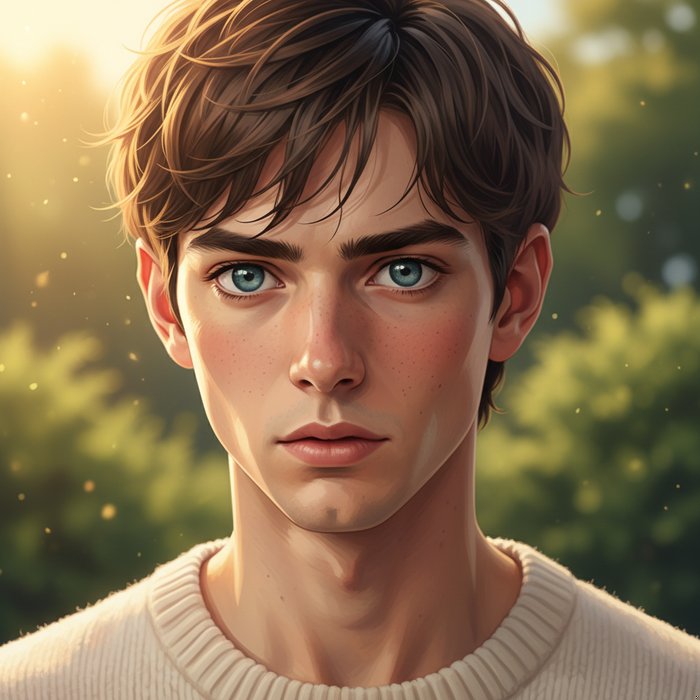 реалистичный аниме‑портрет молодого человека, крупный план, выразительные глаза, мягкое естественное освещение, детализированная кожа, яркие, но естественные цвета, 4K, фотореализм