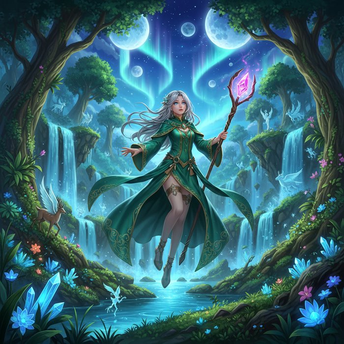 фэнтезийный пейзаж, персонаж в аниме‑стиле, исходный фото‑портрет преобразован в волшебный образ, яркое освещение, детализированная природа, 4K, фотореализм