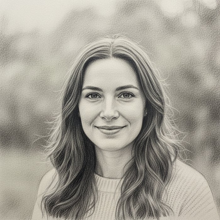 портрет женщины, преобразованный в детализированный карандашный рисунок, естественное освещение, высокое разрешение, фотореализм, профессиональная фотосъёмка