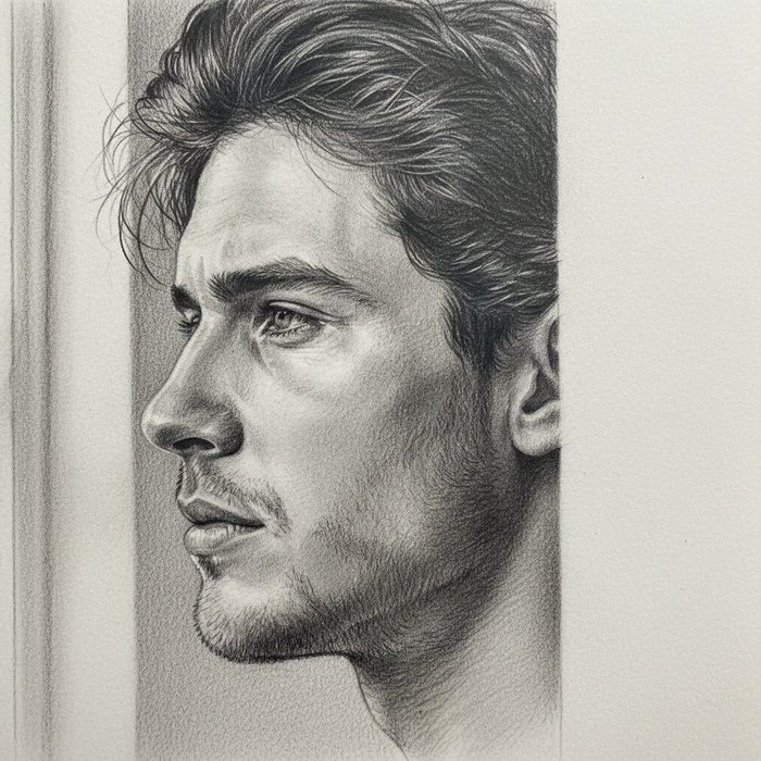 портрет молодого человека в профиль, выполненный карандашным рисунком, высокодетализированный, естественное освещение, 4K, фотореализм, профессиональная фотосъёмка