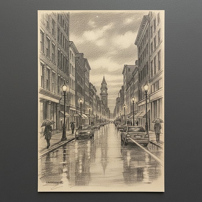 улица города в вечернее время, преобразованная в карандашный скетч, высокое качество, естественное освещение, 4K, фотореализм, профессиональная фотосъёмка