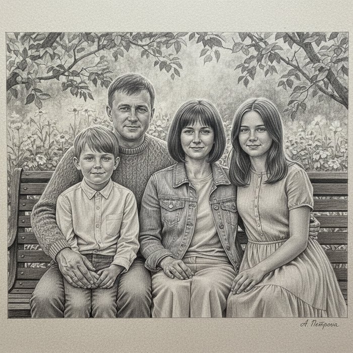 семейный портрет в стиле карандашного рисунка, высокодетализированный, естественное освещение, 4K, фотореализм, профессиональная фотосъёмка