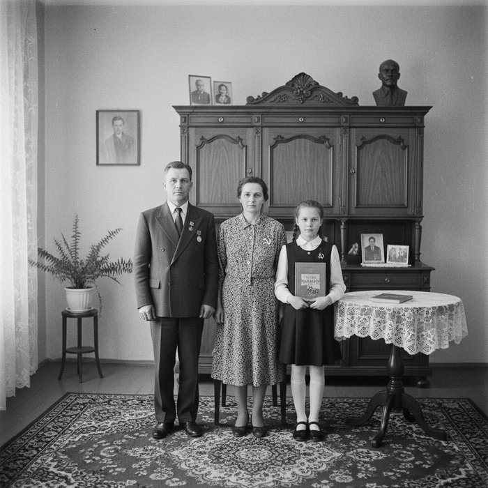 Семейный портрет в советском стиле, чёрно‑белый, с мягким освещением, типичный советский интерьер, детали одежды, высокая детализация, 4K, фотореализм