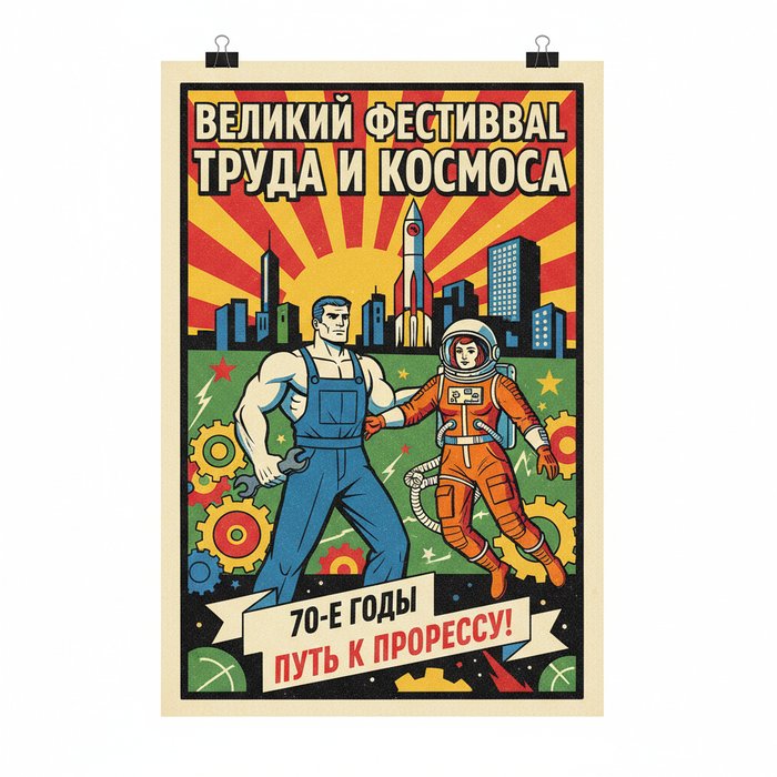 Постер мероприятия в советском стиле, яркие контрастные цвета, графика 70‑х годов, стилизованные лозунги, детали плакатов, высокая детализация, 4K, фотореализм