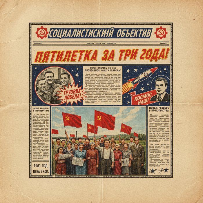 Квадратный фото пост в соцсетях, стилизованный под советскую газету, текстуры бумаги, яркие контрастные цвета, элементы ретро‑дизайна, высокая детализация, 4K, фотореализм