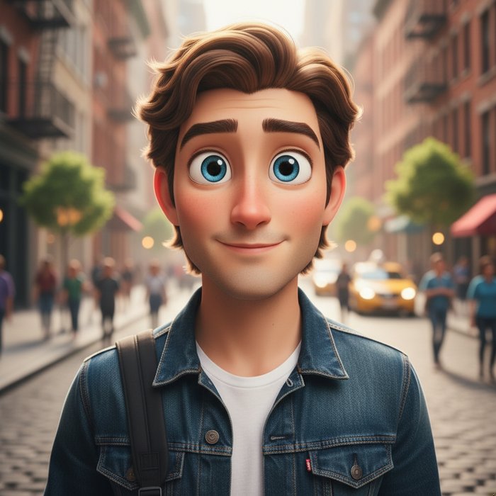 тот же человек, преобразованный в стиль Disney, большие выразительные глаза, яркая цветовая палитра, мягкое освещение, детализированная одежда, фотореализм, 4K