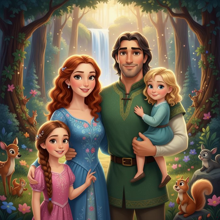 семейный портрет в стиле Disney, яркие цвета, выразительные глаза, мягкое освещение, детализированные лица, фотореализм, 4K