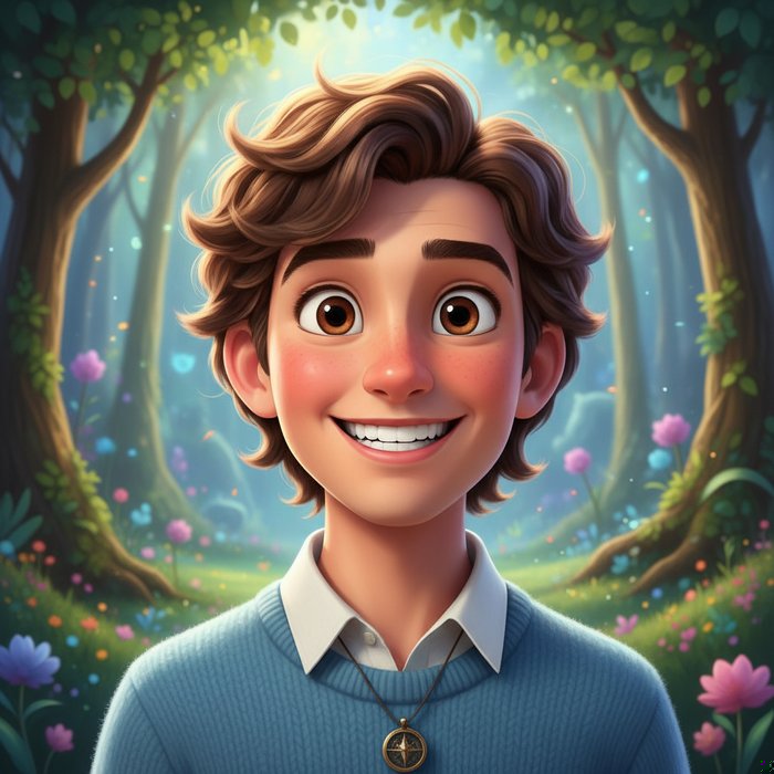 портрет молодого человека в стиле Disney, крупные выразительные глаза, яркая улыбка, живые цвета, естественное освещение, фотореализм, 4K
