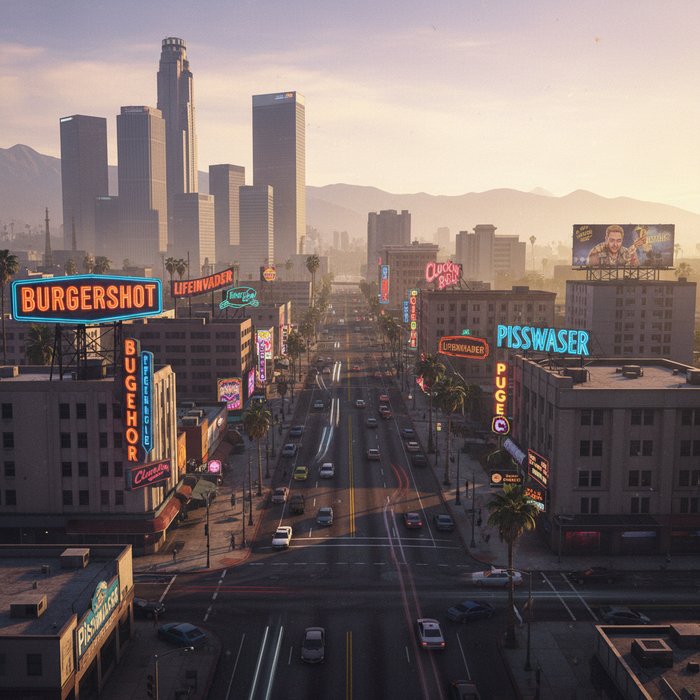 Фотореалистичный городской пейзаж с неоновыми вывесками, яркими цветами и характерными тенями, стилизованный под визуальный стиль GTA V, естественное освещение, высокая детализация, 4K