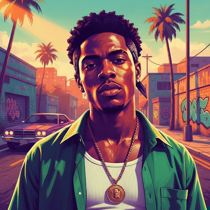 Портрет молодого человека в стиле GTA San Andreas, яркие контрастные цвета, характерные тени, детализированное лицо, фотореализм, естественное освещение, 4K