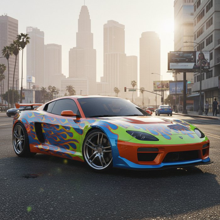 Фотореалистичное изображение спортивного автомобиля, стилизованное под GTA 5, яркая покраска, отражения, городской фон, естественное освещение, высокая детализация, 4K