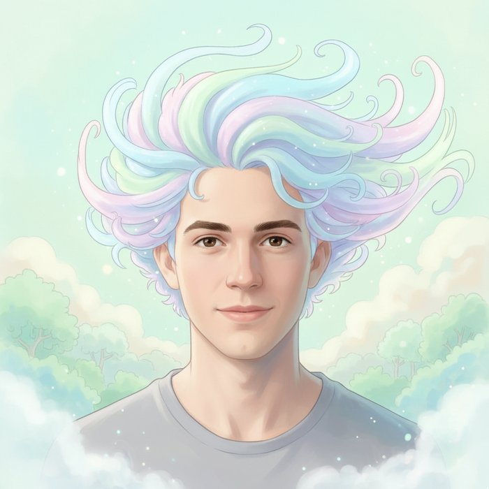портрет молодого человека в стиле Хаяо Миядзаки, мягкое освещение, яркие пастельные тона, фантастические детали волос и лёгкая дымка, фотореализм, 4K