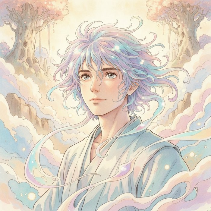 портрет молодого человека в стиле Хаяо Миядзаки, мягкое освещение, яркие пастельные тона, детали фантастических волос и лёгкой дымки, фотореализм, 4K