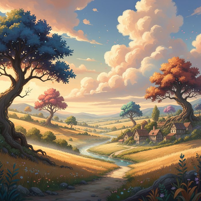 загорелый сельский пейзаж в стиле Миядзаки, мягкие облака, волшебные деревья с яркой листвой, лёгкая дымка, естественное освещение, высокая детализация, 4K