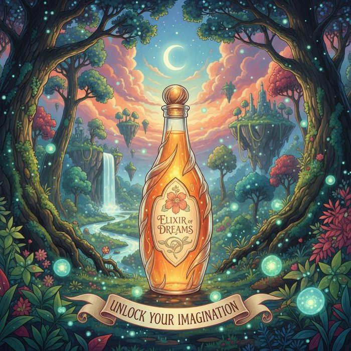 рекламный баннер с продуктом в стиле Хаяо Миядзаки, парящие светлячки, живописный фон с волшебными деревьями, яркие цвета, фотореализм, 4K