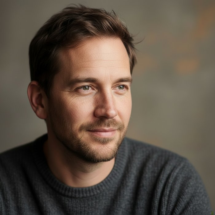 портрет мужчины после обработки: подчёркнутые скулы, слегка уменьшенное лицо, улучшенная кожа, естественное освещение, фотореализм, 4K, высокая детализация