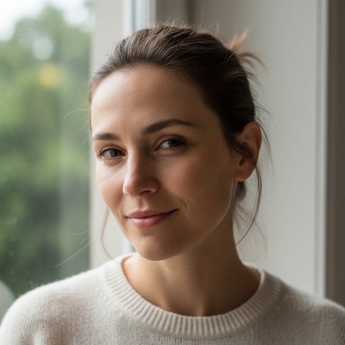 портрет женщины в естественном освещении, подчеркнутые скулы, мягкие тени, фотореализм, 4K, детализированная кожа