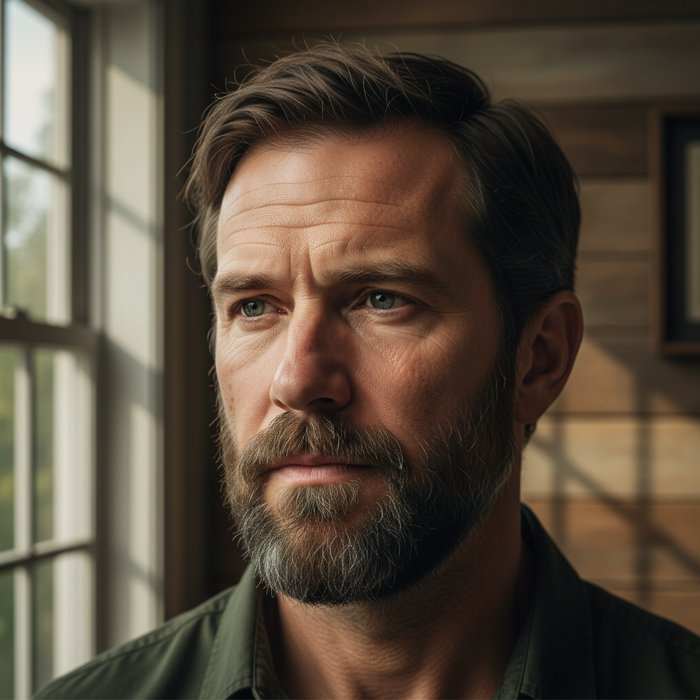 портрет мужчины с слегка уменьшенным лицом, естественное освещение, фотореализм, 4K, высокая детализация