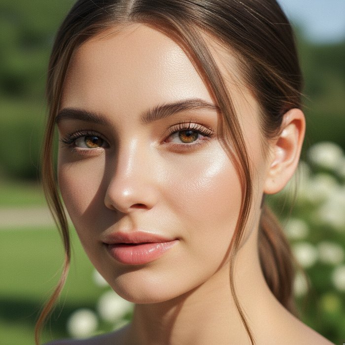 портрет девушки с безупречной кожей, естественное освещение, фотореализм, 4K, детализированная текстура